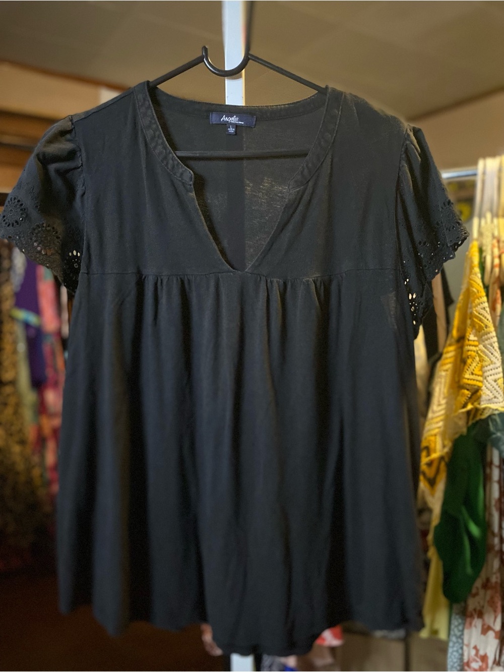 Angels Black V-Neck Eyelet Lace Sleeve Cotton Blouse